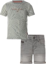 Koko Noko - Kledingset - Jongens - Short Grey Jeans - Shirt Dusty Green Leave - Maat 128