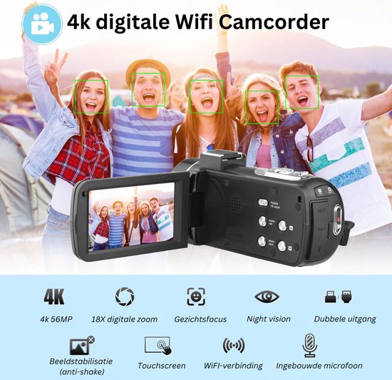 Videocamera Camcorder met Afstandsbediening 56M 4K 30FPS IR NightVision 18X Zoom 3.0in IPS Touchscreen Vlog Camera voor Fotografie