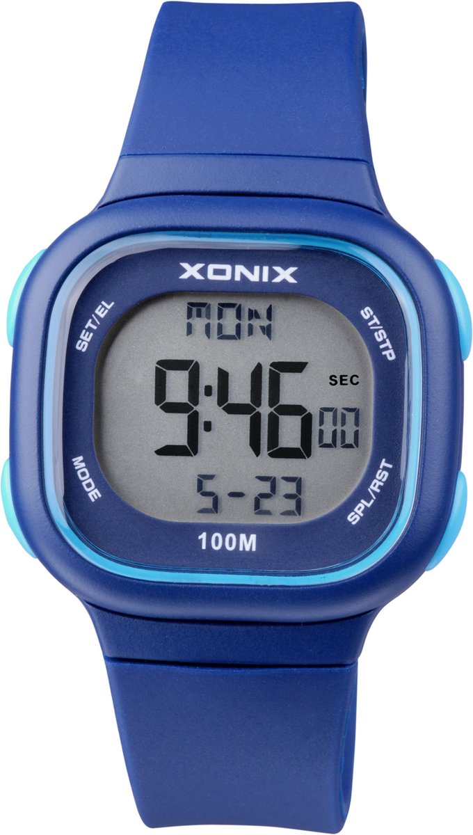 Xonix BAX-006 - Horloge - Digitaal - Rechthoek - Unisex - Siliconen band - ABS - Cijfers - Achtergrondverlichting - Alarm - Start-Stop - Chronograaf - Tweede tijdzone - Waterdicht - 10 ATM - DonkerBlauw - LichtBlauw