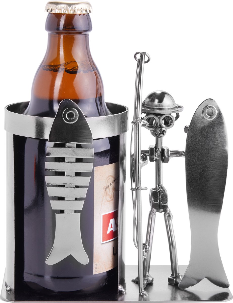 BRUBAKER Schroef Man Visser met Vis - Fles en Blik Houder - Handgemaakte IJzer Figuur Metalen Man Bierfles Houder - Metalen Figuur Cadeau-Idee voor Visser