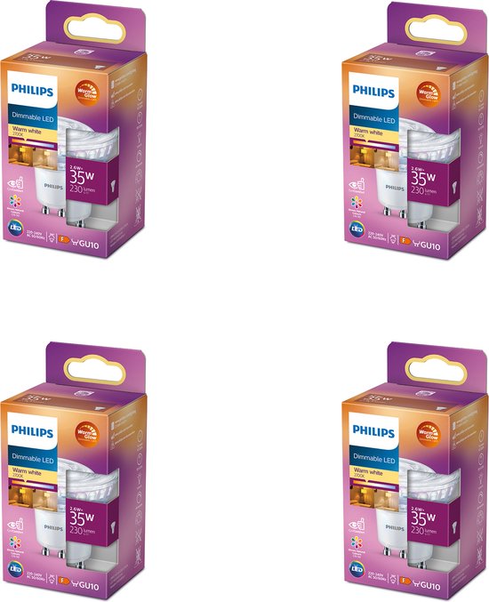 Philips LED Spot - 35 W - GU10 - Dimbaar - Warmwit Licht - 4 stuks - Bespaar op je Energiekosten - Voordeelverpakking