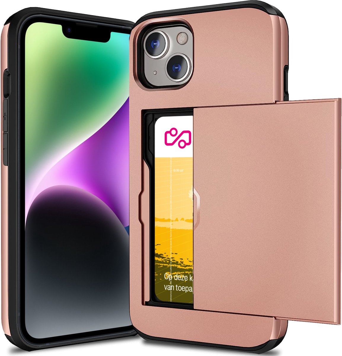 Hoesje met Pasjeshouder geschikt voor iPhone 13 Mini - Back Cover SlideCase Roségoud