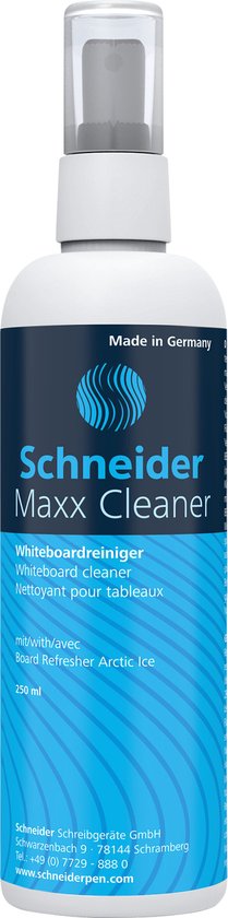 Schneider Maxx Cleaner whiteboardreiniger met 'Arctic Ice'-geur, 250 ml. Gemaakt in Duitsland.