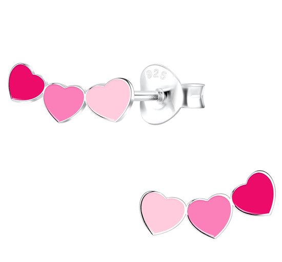 Joy|S - Zilveren hartje oorbellen - 3 rode en roze hartjes - 10 x 5 mm