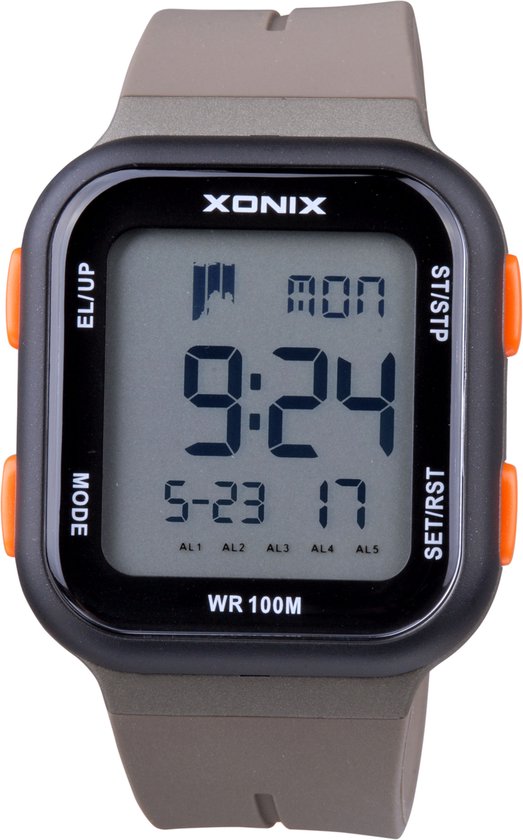 Xonix DAP-A05 - Horloge - Digitaal - Heren - Mannen - Rechthoek - Siliconen band - LCD - ABS - Cijfers - Achtergrondverlichting - Alarm - Start-Stop - Chronograaf - Tweede tijdzone - Waterdicht - 10 ATM - Khaki - Zwart - Oranje