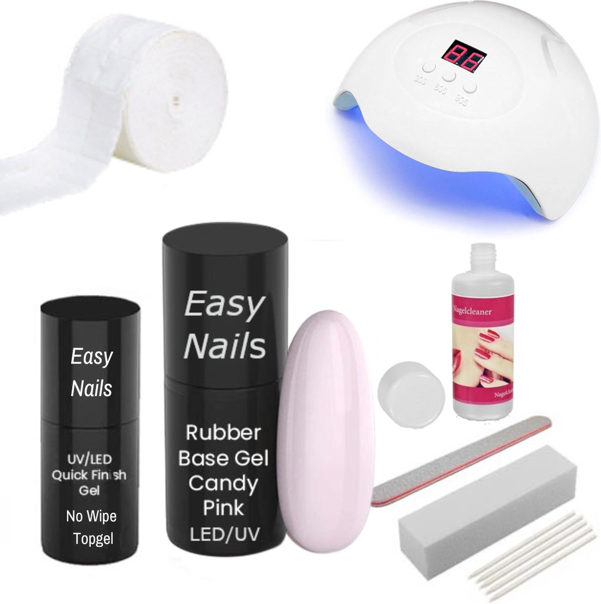 Easy Nails Rubber Base Gellak Starterspakket – Set voor Gelnagels – Candy Pink – Rubber Base Gel – Inclusief Nagellamp (LED)