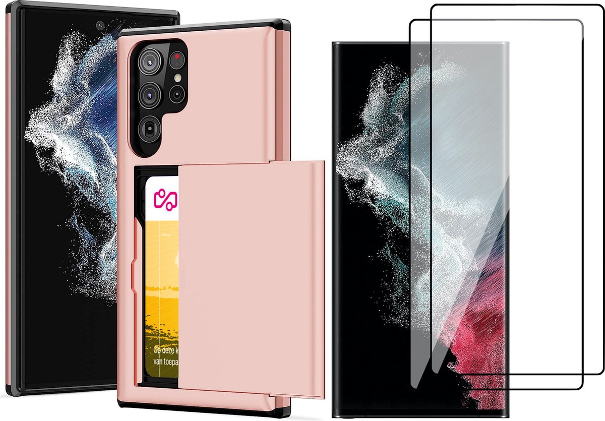 Hoesje met Pasjeshouder geschikt voor Samsung Galaxy S22 Ultra - 2x Screen Protector GlassGuard - Back Cover SlideCase Roségoud & Screenprotector