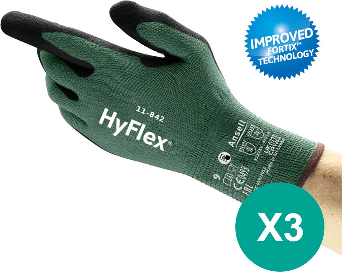 HyFlex® 11-842 - Werkhandschoen, DIY, Garage, Montage, Tuin, Touchscreen, S, Groen, 3 paar