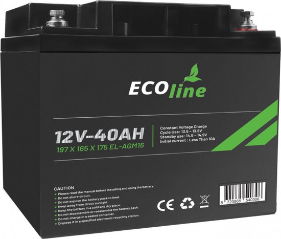EcoLine - Batterie AGM 12V 40AH - 40000mAh VRLA - 197 x 165 x 175 - Batterie  à