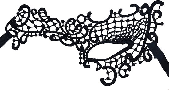 Zwart kanten oogmasker met sierlijke bloemenpatronen.