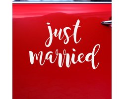 PartyDeco trouwauto decoratie sticker Just Married - Bruiloft - wit - 33 x 45 cm - pas getrouwd