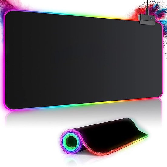 Retoo RGB Gaming-muismat met 7 led-verlichtingsmodi en 2 helderheidsniveaus, antislip en waterdicht, zachte led-muismat met rubberen basis voor professionele gamers, zwart (35 x 25 cm