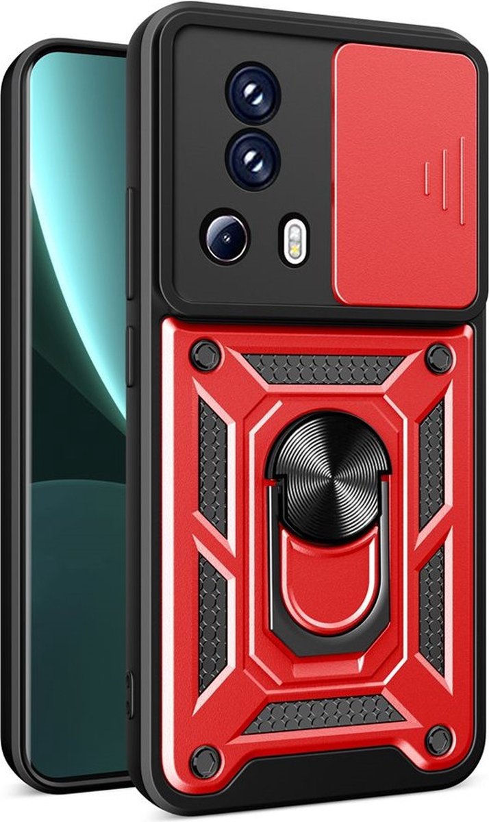 MobyDefend Hoesje - Geschikt voor Xiaomi 13 Lite - Pantsercase Met Draaibare Ring - Rood