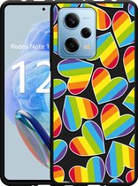 Cazy Hoesje Zwart geschikt voor Xiaomi Redmi Note 12 Pro 5G Regenboog Hartjes