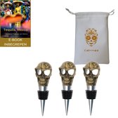 Catrinaz® Premium flessenstop - Gouden Skull ontwerp - Wijnstopper - 3 stuks - Uniek geschenk - Cadeau voor man - E-book inbegrepen