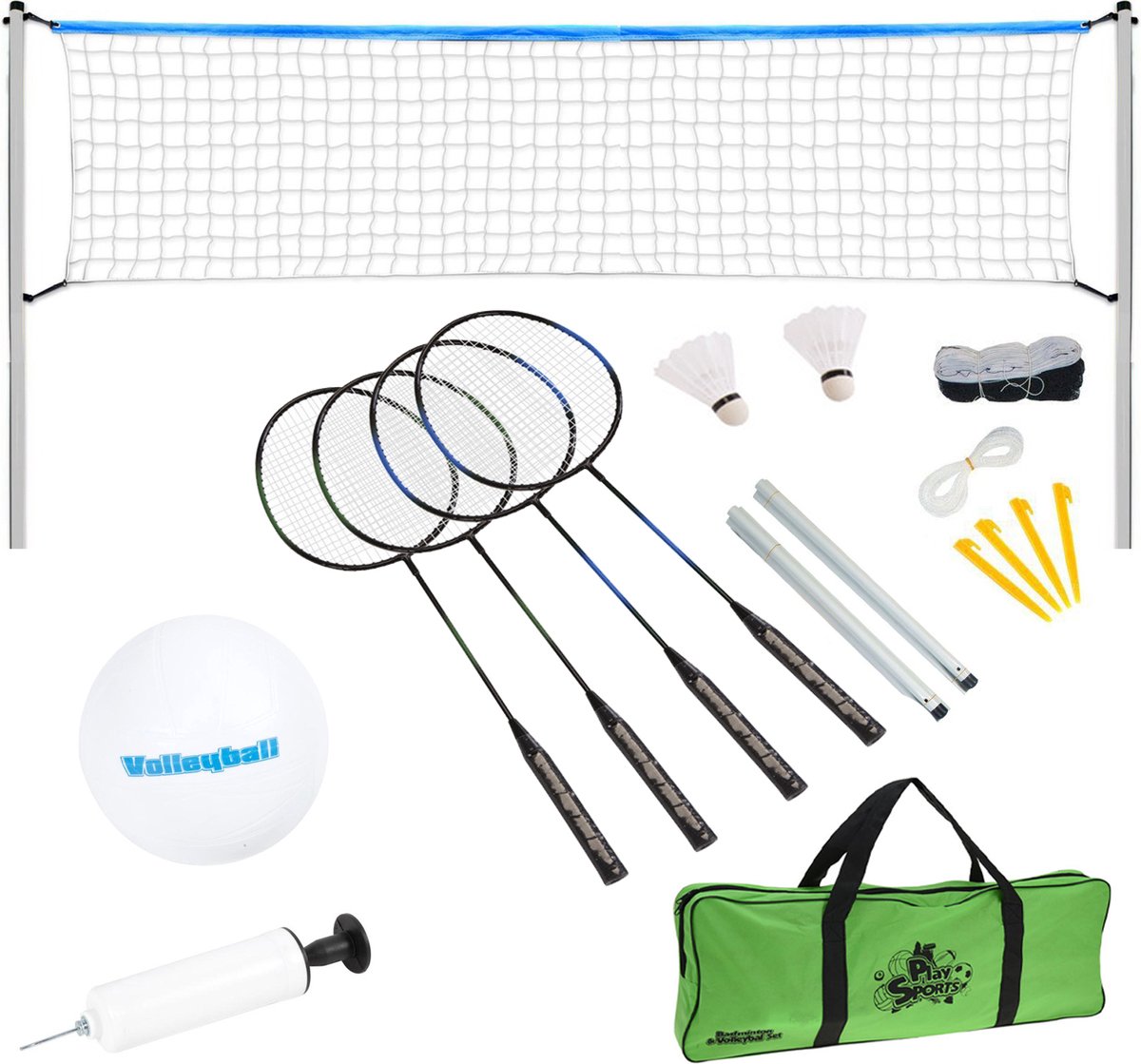 XQMax Volleybal- en Badmintonset - met Verstelbaar Net, 4 Rackets, 2 Shuttles, Bal en Ballenpomp - Draagtas - 600 x 168 cm - XQMax