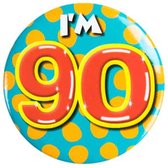 Button 90 Jaar - Button met speld (55mm) - Leeftijd badge - 90 Jaar versiering - Accessoires - Rozet I'm 90 - Verjaardag jongen / meisje / man / vrouw - Button 90 Jaar