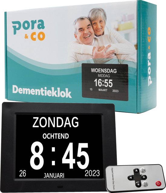 My Green Deal - Dementieklok 8 inch - Analoog en Digitaal - Kalenderklok met datum en dag - Met Medicijnalarm