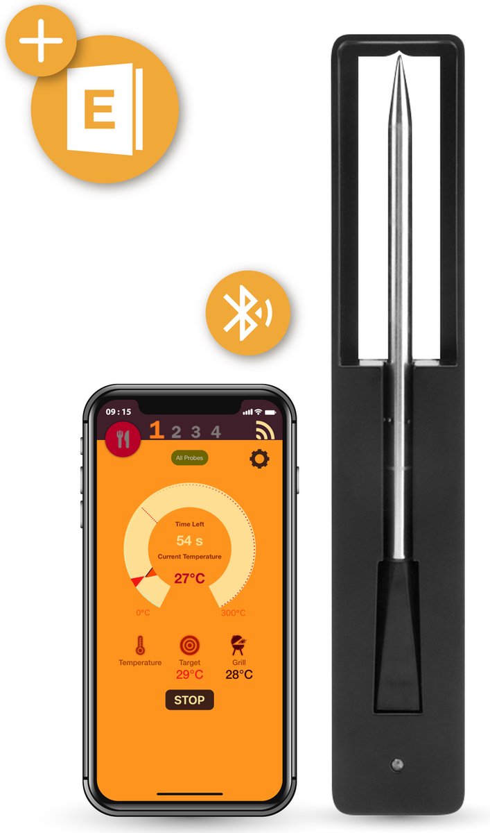 Nuvance - Vleesthermometer Draadloos met App - BBQ Thermometer met Bluetooth - Oventhermometer - BBQ accesoires - RVS - Nuvance