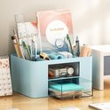 KAHEIGN Organizzatore da Scrivania con 2 Cassetti, 19CM x 14CM Organizer da Scrivania Multifunzionale Portapenne di Grande Capacità Organizzatore di Trucchi per Ufficio Scuola Casa Tavolo (Blu