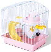 Kooi voor hamsters, met voederbak, drinkbak, fiets, huis, L23 x B 17 x H 24 cm, hamsterkooi chalet huis voor hamsters (roze)