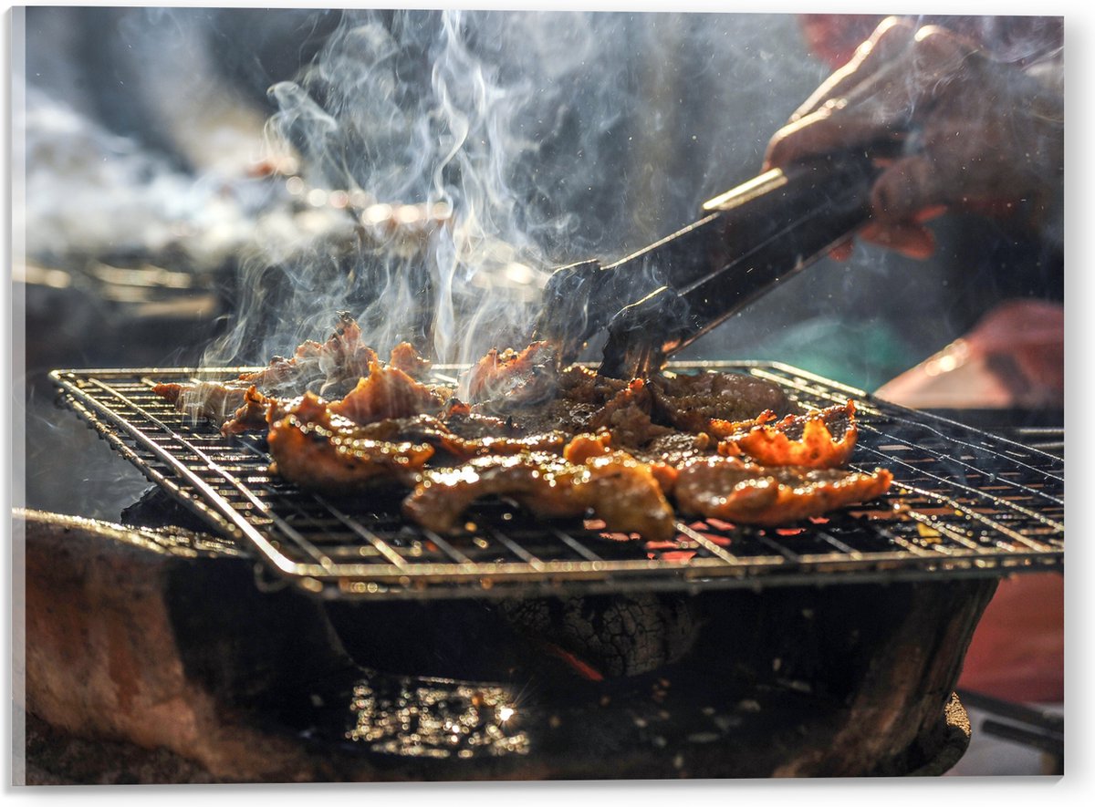 Acrylglas - Barbecue - Kool - Rook - Tang - Vlees - Bakken - Eten - Buiten - 40x30 cm Foto
