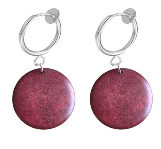 Klem oorbellen- hout- rood -2.5 cm- zilverkleur- geen gaatjes- Charme Bijoux