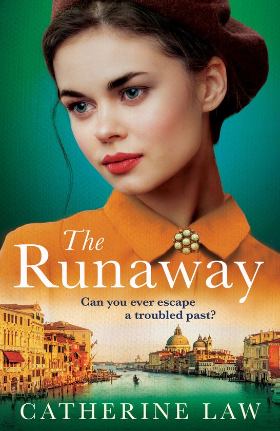 Een jonge vrouw met bruin haar en een baret, draagt een oranje blouse met een broche. De titel 'The Runaway' is prominent aanwezig.