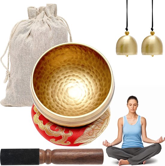 Om Tibetaanse kommenset voor yoga, meditatie en ontspanning, handbeschilderde Tibetaanse kom, diameter 10 cm, dubbele hamer met vilt en leer, ringkussen, tas en handleiding