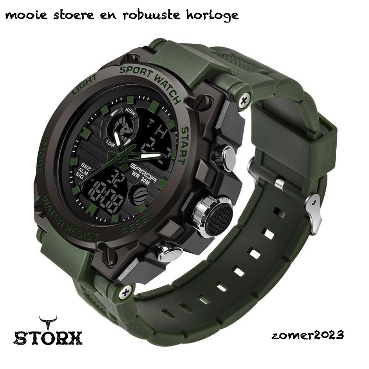 Horloge - Stoer - Mannen - Waterproof - Rubberen band - Mat - Groen - Trendy - Military watch - Smael - Cadeau Tip - Storx