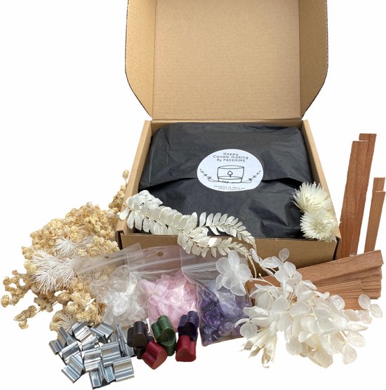 Pademime Kaarsen accessoire kit | Edelstenen | Gedroogde bloemen | Houten Lonten | Kleurblokjes