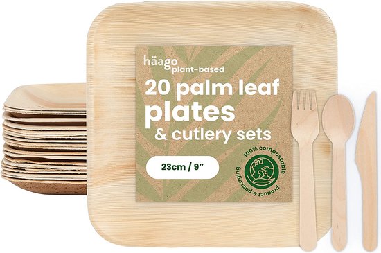 Foto: Haago 80 delig palmblad servies houten bestek set 20x 22cm vierkante borden 20x messen 20x vorken 20x lepels biologisch afbreekbaar servies bruiloft bbq magnetronbestendig