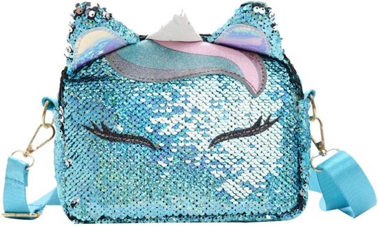 Eenhoorn Pailletten Tas - Glitter Crossbody Schoudertas voor Kinderen -Schattig Ontwerp - Holografische Eenhoorn Hoorn en Oren - Unicorn Tasje - Blauw