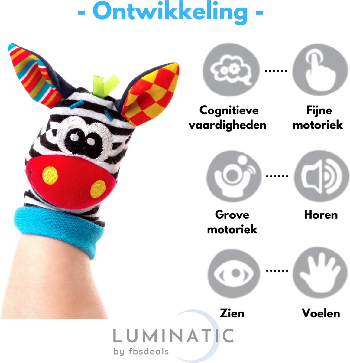 Baby Rammelaar - Rammelaar Sokjes en Armbandjes - Pols en Voetrammelaar - Speel en Voetzoeker Sokken - Baby Sokjes - Pluche Knuffels - Rammelaar - Belletjes | Luminatic® | Zebra & Giraffe 3 | 1 Set, 4 Stuks — afbeelding 5