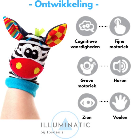 Baby Rammelaar - Rammelaar Sokjes en Armbandjes - Pols en Voetrammelaar - Speel en Voetzoeker Sokken - Baby Sokjes - Pluche Knuffels - Rammelaar - Belletjes - Illuminatic® - Zebra & Giraffe 3 - 1 Set, 4 Stuks van Illuminatic® — afbeelding 5