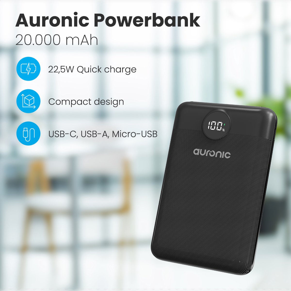 Auronic Powerbank 20.000 mAh Snellader Zwart - afbeelding 2