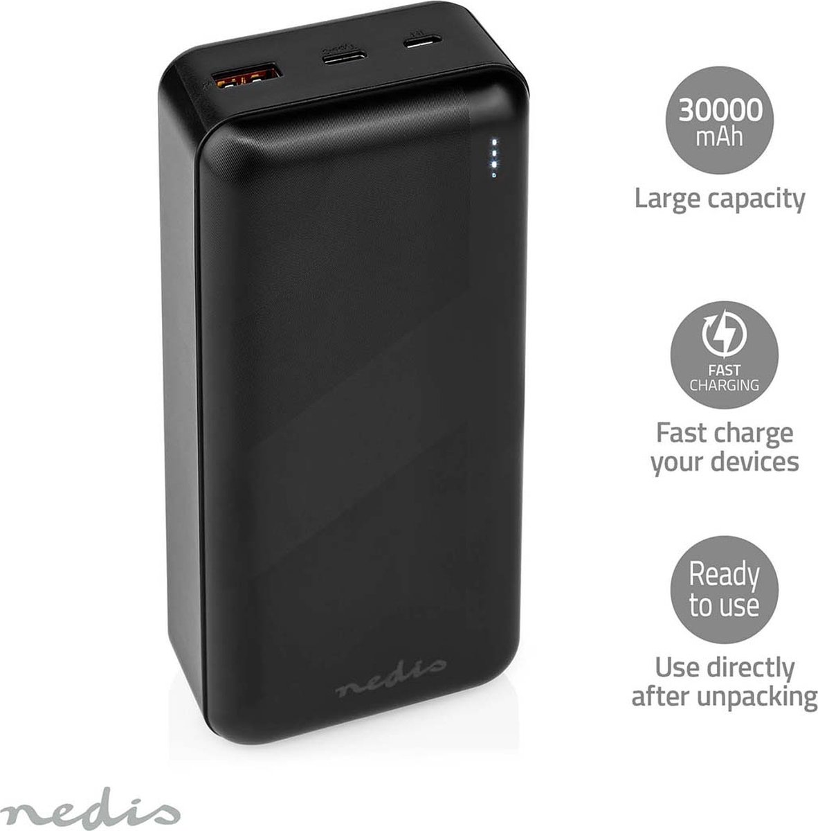 Nedis Powerbank - 30000 mAh - 1.5 / 2.0 / 3.0 A - Outputs: 2 - Output: 1x USB-A / 1x USB-C™ - Inputs: 1x Micro USB / 1x USB-C™ - PD3.0 20W - Lithium-Polymeer