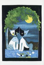 Rosina Wachtmeister - Vintage dubbele kaarten - Katten met de maan - Set van vijf dubbele kaarten met eco-katoen enveloppen