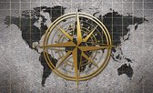 Fotobehang - Vlies Behang - Windstreek op Wereldkaart op Beton - Kompas - 208 x 146 cm