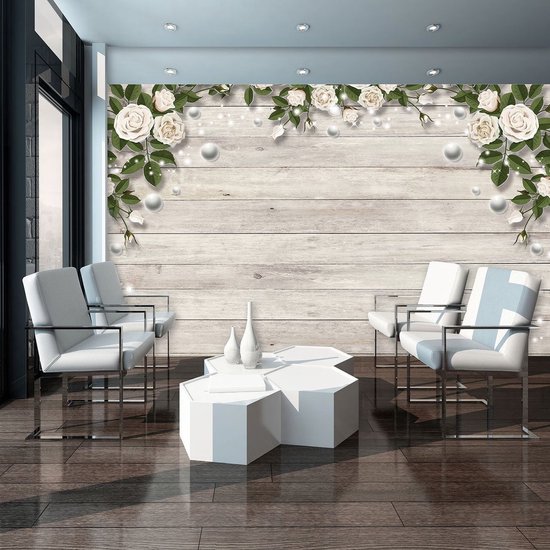 Papier peint photo - Papier peint intissé - Planches de bois avec roses Witte - 208 x 146 cm