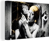 Canvas Schilderij Marmerlook - Meisje met de parel - Sigaretten - Toilet - Goud - Kunst - Oude meesters - 60x40 cm - Wanddecoratie
