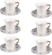 HAES DECO - Set de 6 tasses et soucoupes - contenance 95 ml - coloris Wit / Blauw - Porcelaine imprimée avec motif - Service à thé, Service à café, Tasses à thé, Tasses à café, Cappuccino