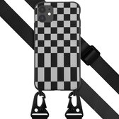 Selencia Hoesje Geschikt voor iPhone 11 Hoesje Met Koord - Selencia Siliconen design hoesje met afneembaar koord - Zwart / Irregular Check Black