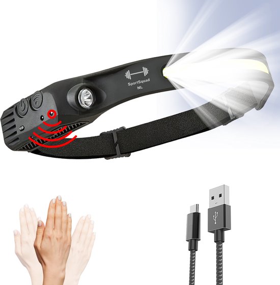 SportSquadNL Hoofdlamp - Hoofdlamp LED Oplaadbaar - 5 Lichtstanden - Bewegingssensor - Spotlamp - USB Oplaadbaar – Tot 8 UUR batterijduur - Waterbestendig - Rood en Wit Licht
