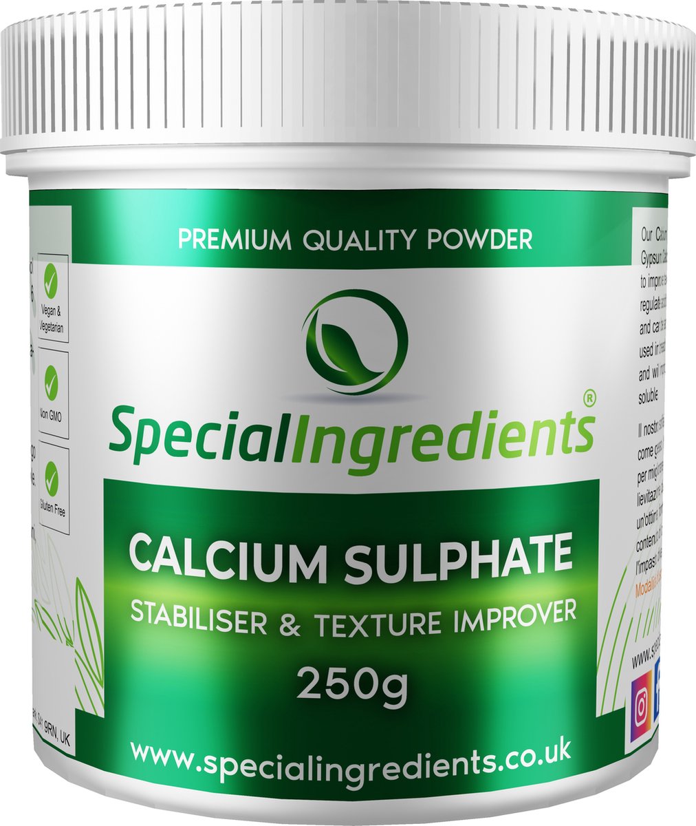 Calcium Sulfaat - 250 g - Calcium Sulphate - Calciumsulfaat - Gips (food grade) - Hersluitbare Pot - Recycled Plastic
