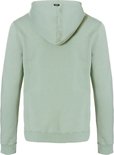 Achterkant van mintgroene hoodie met Nomad-label bij de capuchon.