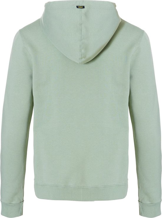 Achterkant van mintgroene hoodie met Nomad-label bij de capuchon.