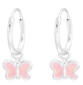Joy|S - Zilveren vlinder bedel oorbellen - oorringen - roze met glitter - kinderoorbellen