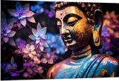Dibond - Boeddha voor Struik vol Paarse Lelies - 120x80 cm Foto op Aluminium (Wanddecoratie van metaal)