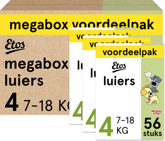 Etos Woezel & Pip Luiers Maxi Maat 4 - 7-18 kg - Maandbox - 168 stuks (3 x 56 stuks)